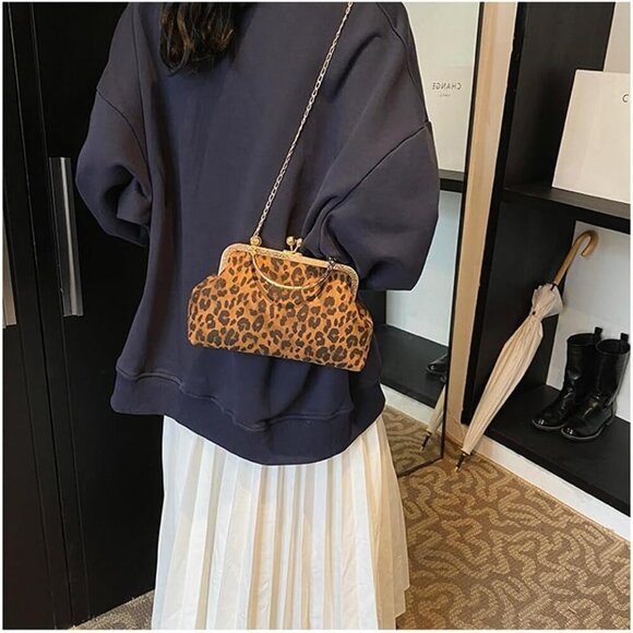 Small Leopard Suede Evening Clutch Purse with Chain Cheetah Print Kiss Lock Even - Picture 3 of 6